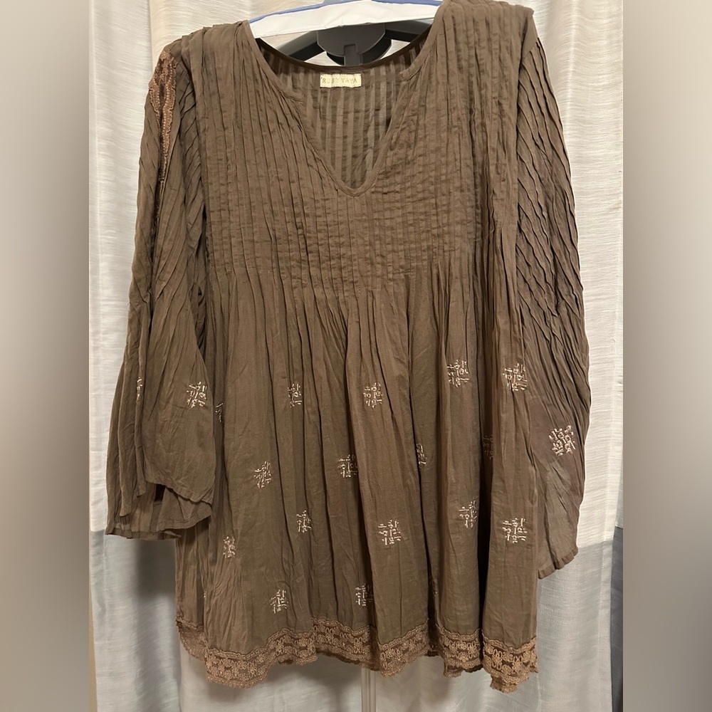 Rubyyaya 100% Cotton Boho Brown Embroidered Women's Tunic